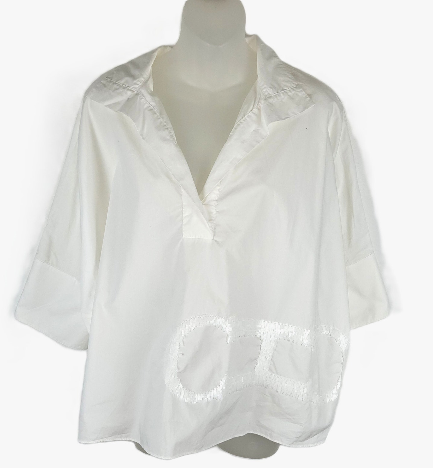 Carolina Herrera Sequined Ch Logo Oversized Crisp White V-Neck Tunic Top Xs Nwot